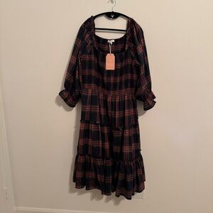 Plaid Midi Dress with Ruffle Hem